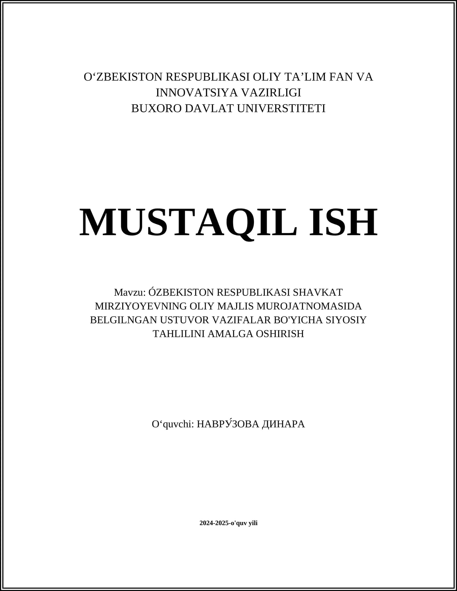 ÓZBEKISTON RESPUBLIKASI SHAVKAT MIRZIYOYEVNING OLIY MAJLIS MUROJATNOMASIDA BELGILNGAN USTUVOR VAZIFALAR BO'YICHA SIYOSIY TAHLILINI AMALGA OSHIRISH