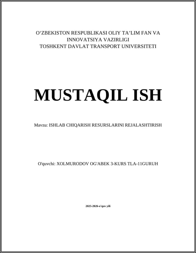 ISHLAB CHIQARISH RESURSLARINI REJALASHTIRISH