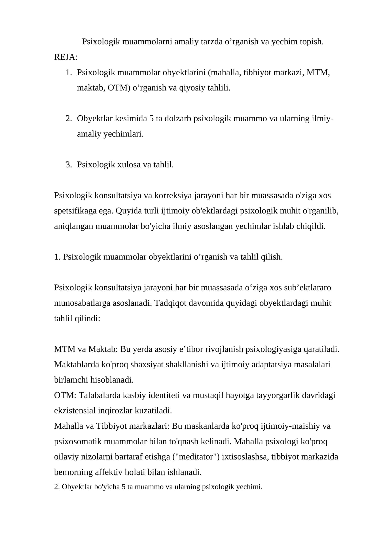 Psixologik muammolarni amaliy tarzda o’rganish va yechim topish