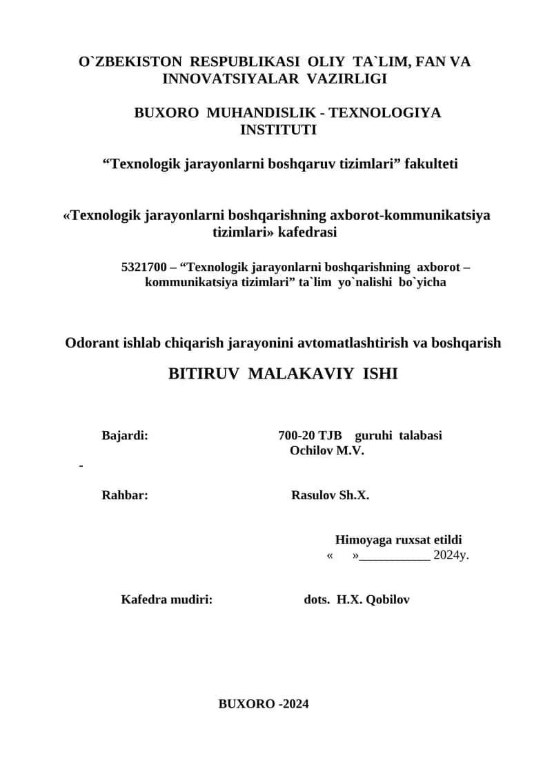 Odorant ishlab chiqarish jarayonini avtomatlashtirish va boshqarish
