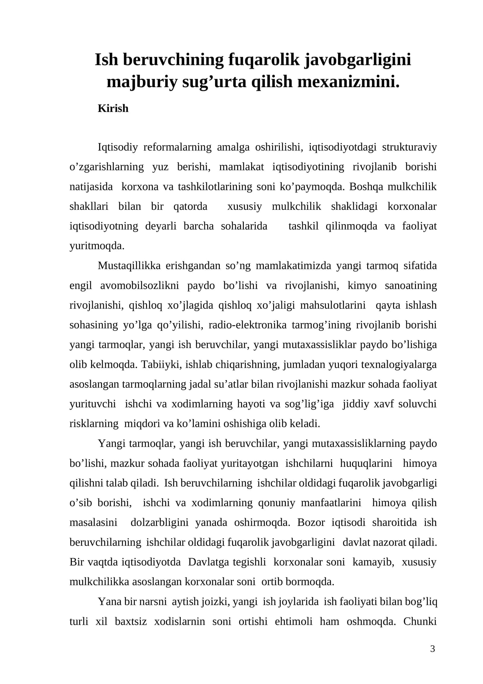 Ish beruvchining fuqarolik javobgarligini majburiy sug’urta qilish mexanizmini