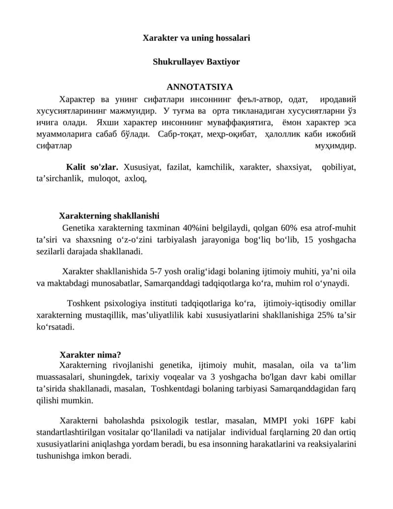 Xarakter va uning hossalari