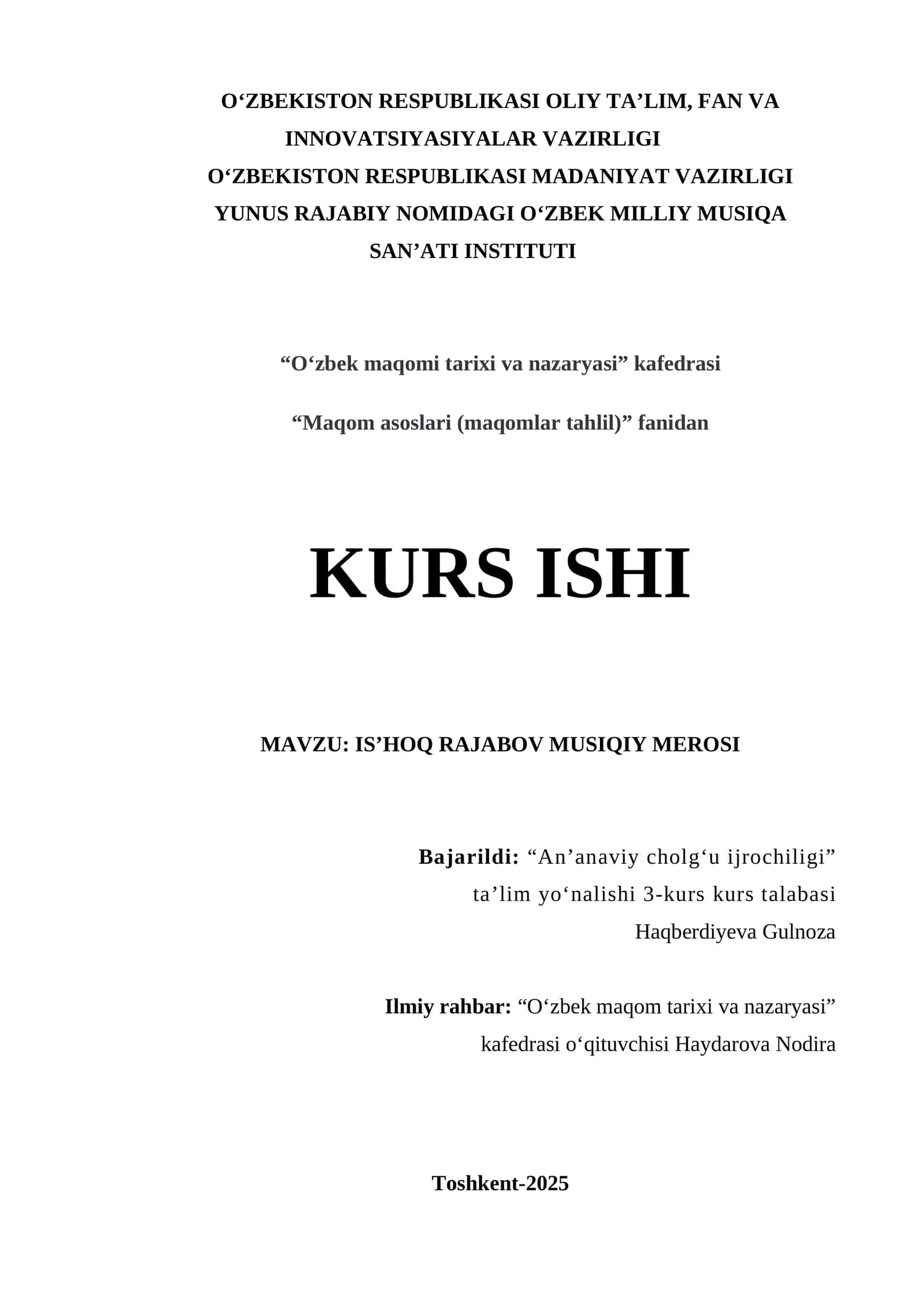 IS’HOQ RAJABOV MUSIQIY MEROSI