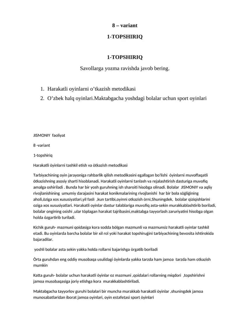 Harakatli òyinlarni tashkil etish va òtkazish metodikasi