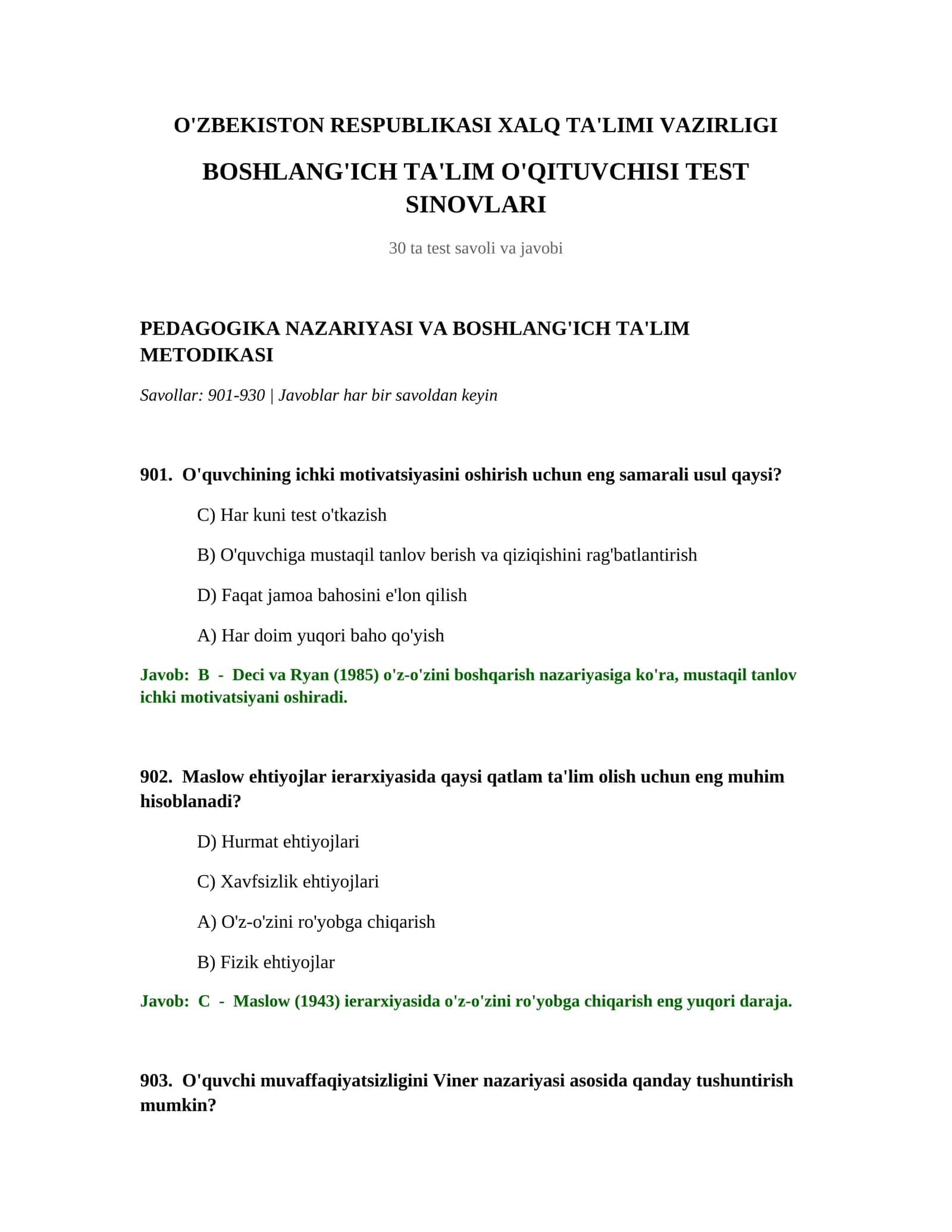 BOSH TALIM O'QITUVCHISI TEST SINOVLARI