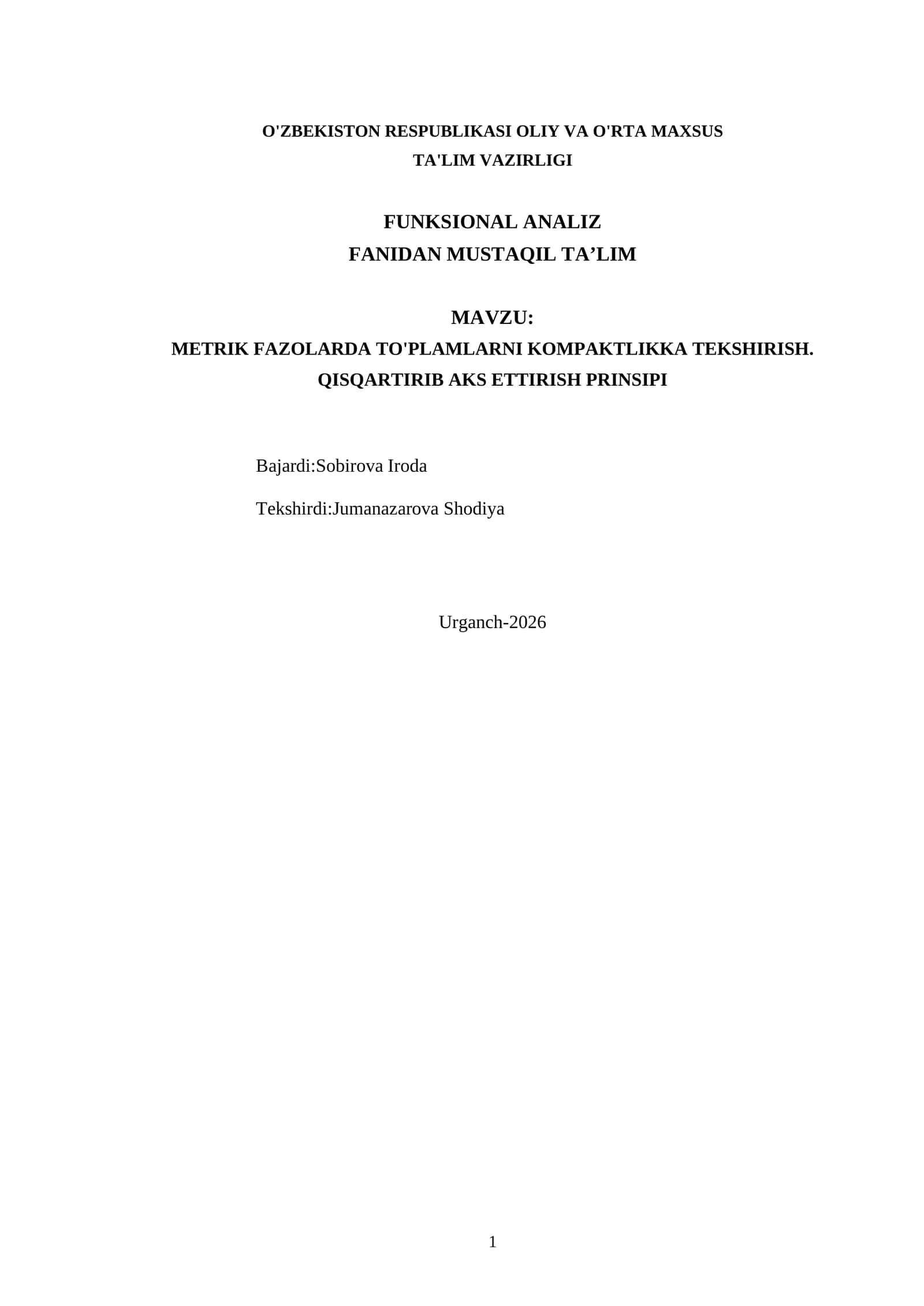 METRIK FAZOLARDA TO'PLAMLARNI KOMPAKTLIKKA TEKSHIRISH. QISQARTIRIB AKS ETTIRISH PRINSIPI