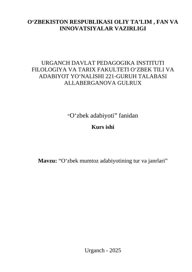 "O‘zbek mumtoz adabiyotining tur va janrlari"