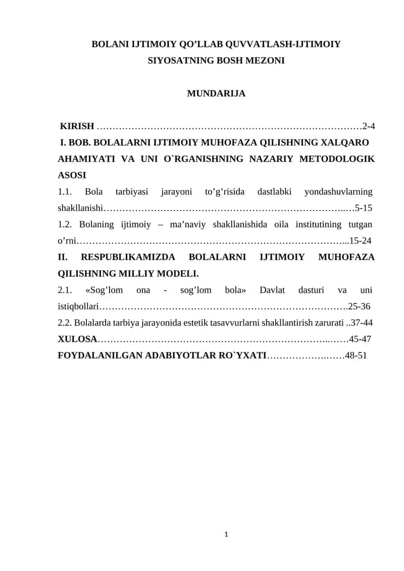 BOLANI IJTIMOIY QOʼLLAB QUVVATLASH-IJTIMOIY SIYOSATNING BOSH MEZONI