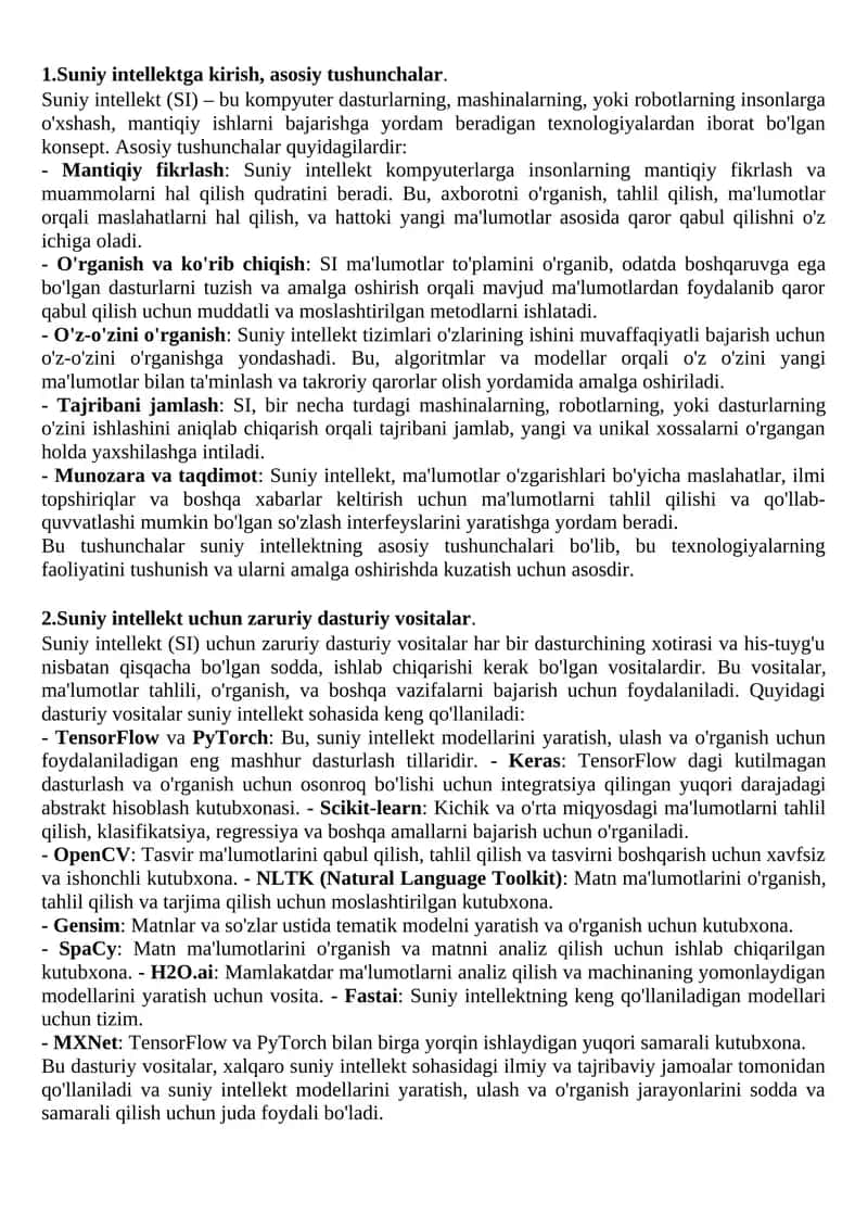 Suniy intellektga kirish, asosiy tushunchalar.