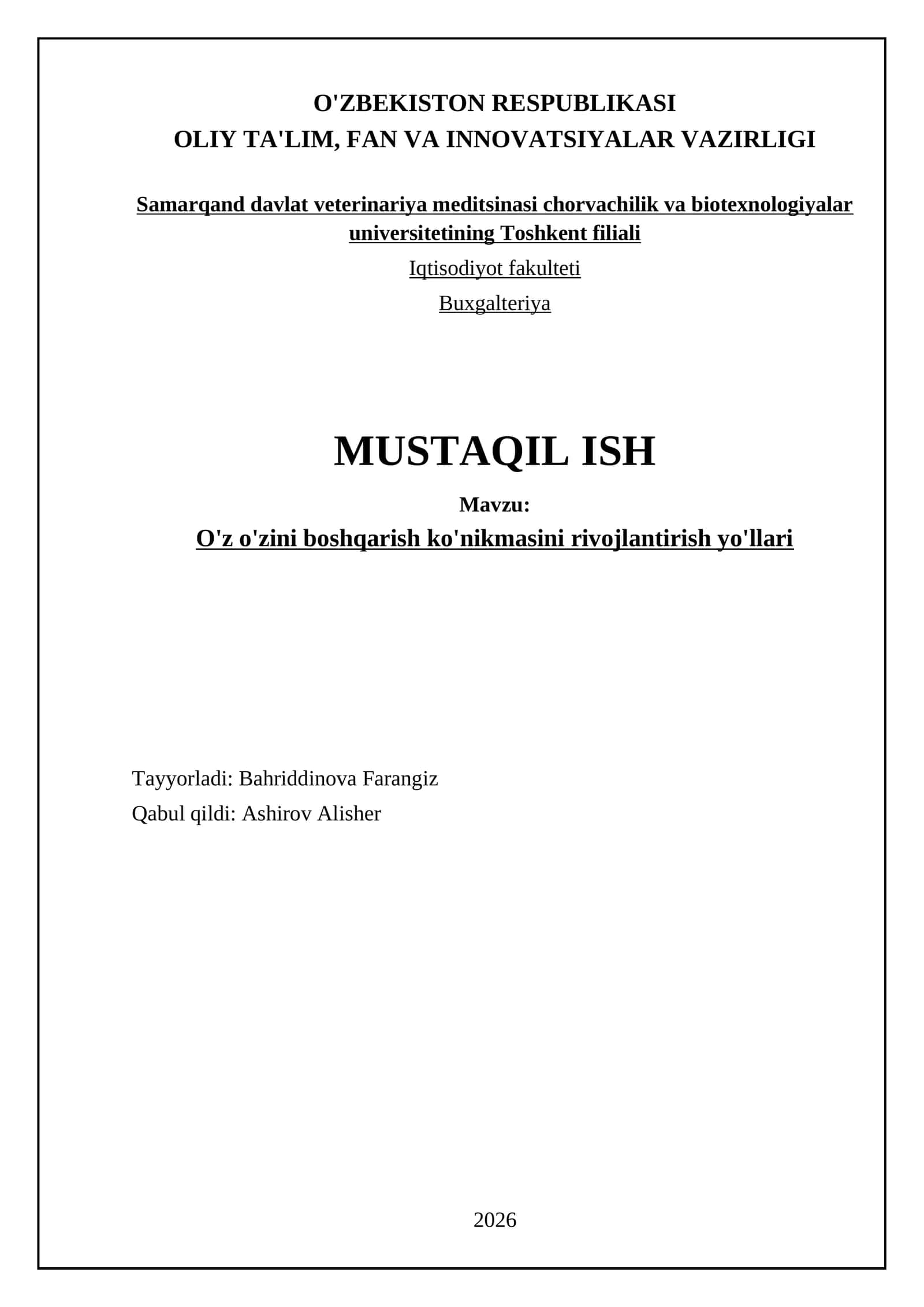 O'z o'zini boshqarish ko'nikmasini rivojlantirish yo'llari