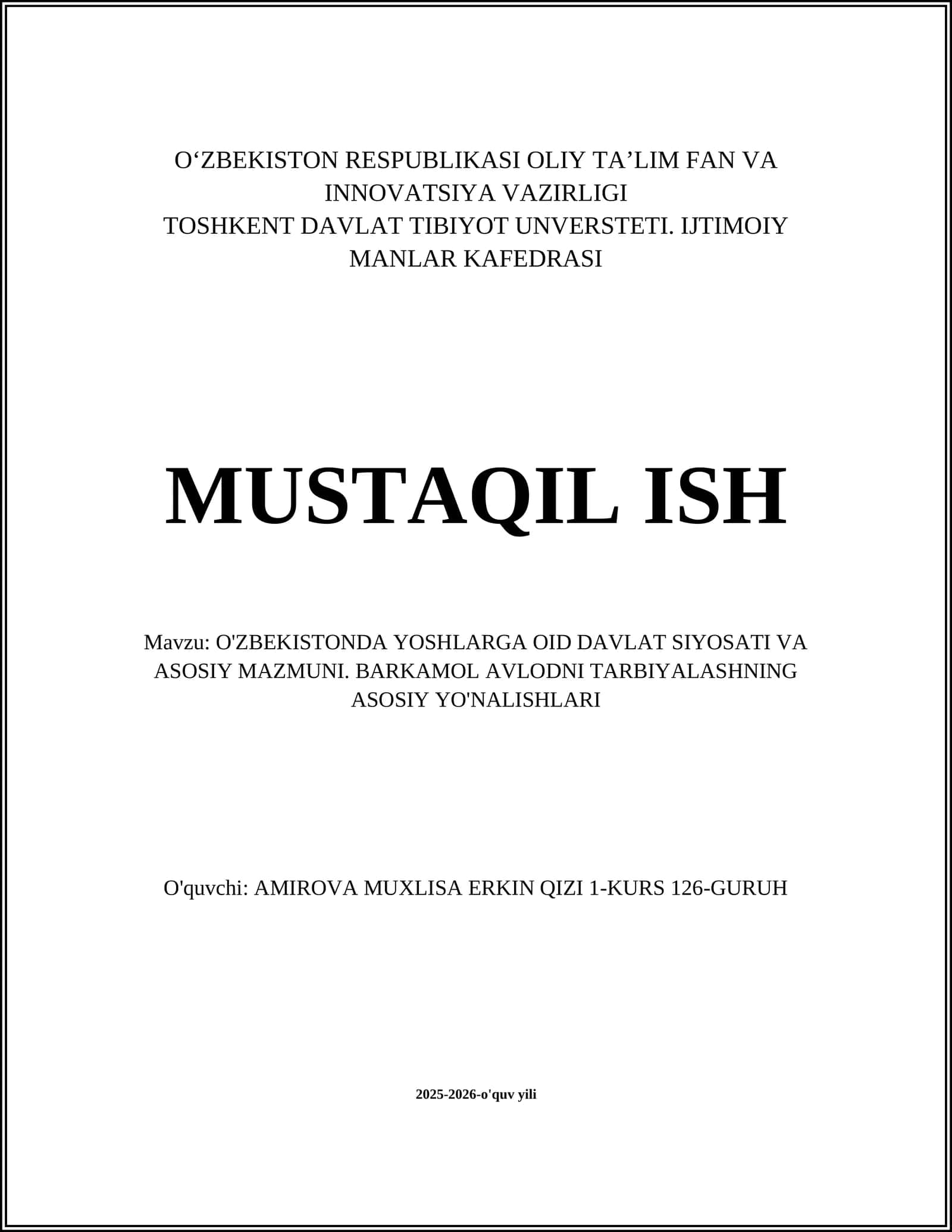 O'ZBEKISTONDA YOSHLARGA OID DAVLAT SIYOSATI VA ASOSIY MAZMUNI
