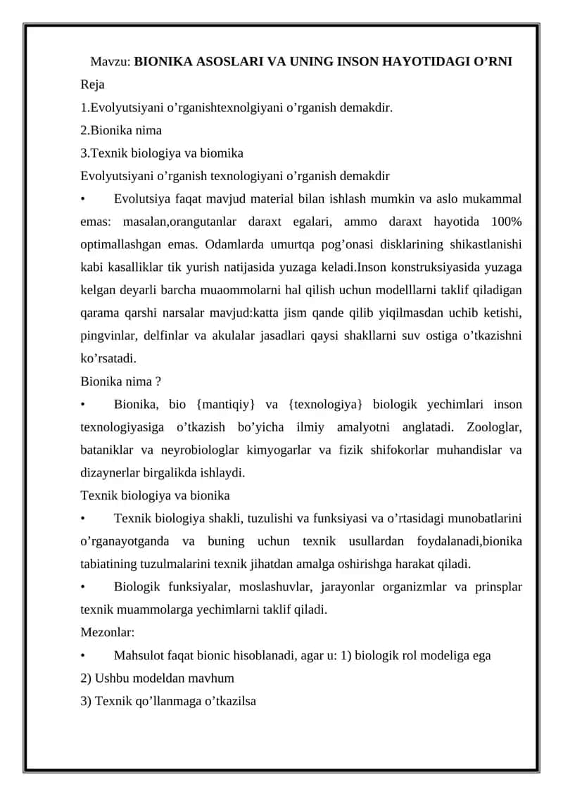 BIONIKA ASOSLARI VA UNING INSON HAYOTIDAGI O’RNI
