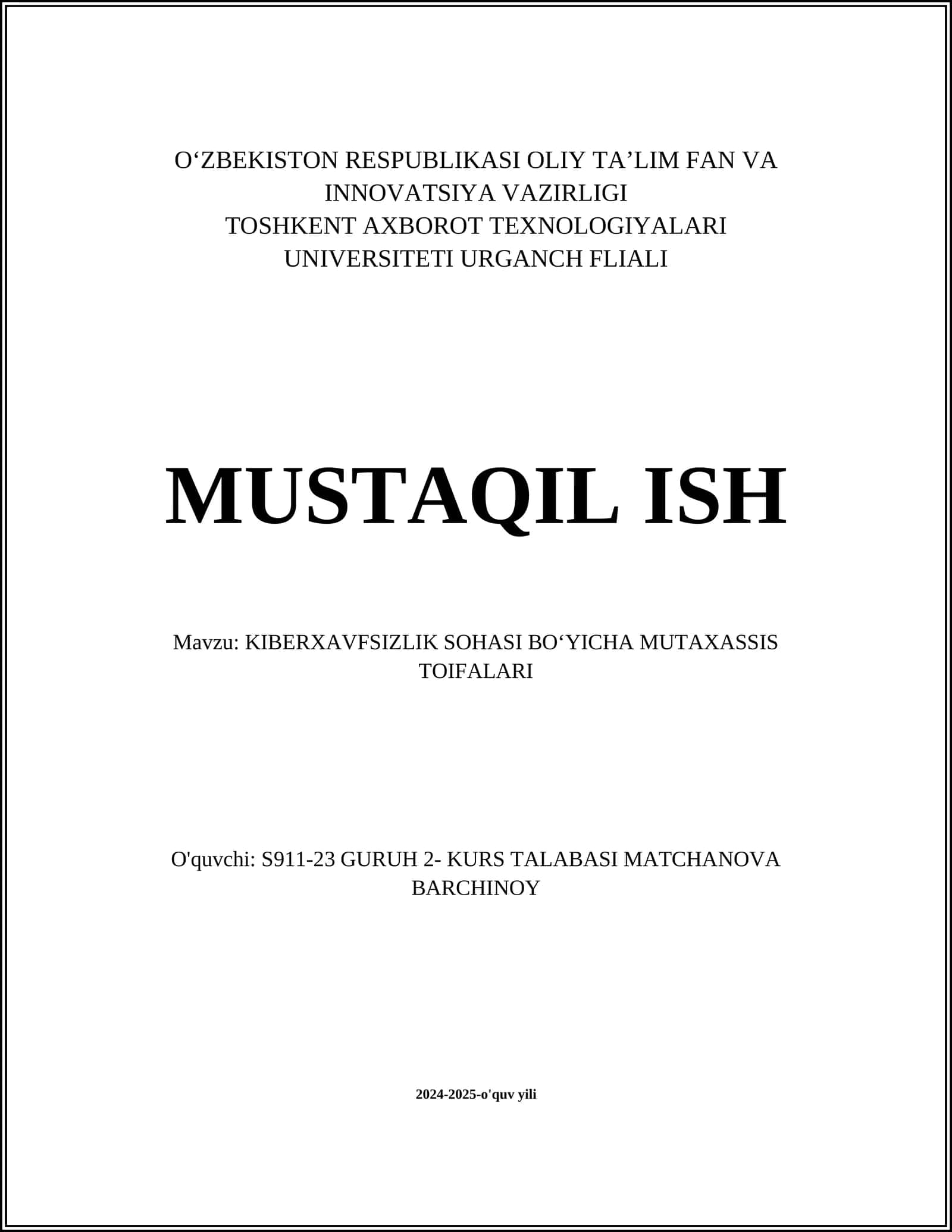 KIBERXAVFSIZLIK SOHASI BOʻYICHA MUTAXASSIS TOIFALARI