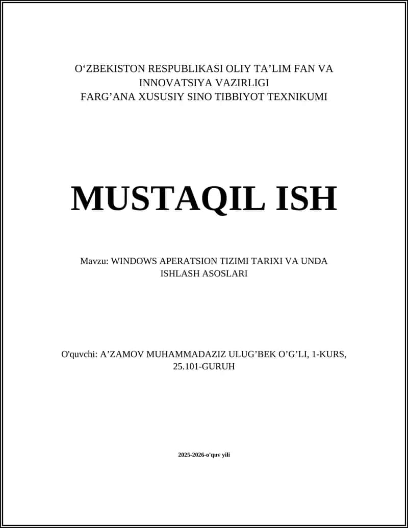 WINDOWS APERATSION TIZIMI TARIXI VA UNDA ISHLASH ASOSLARI