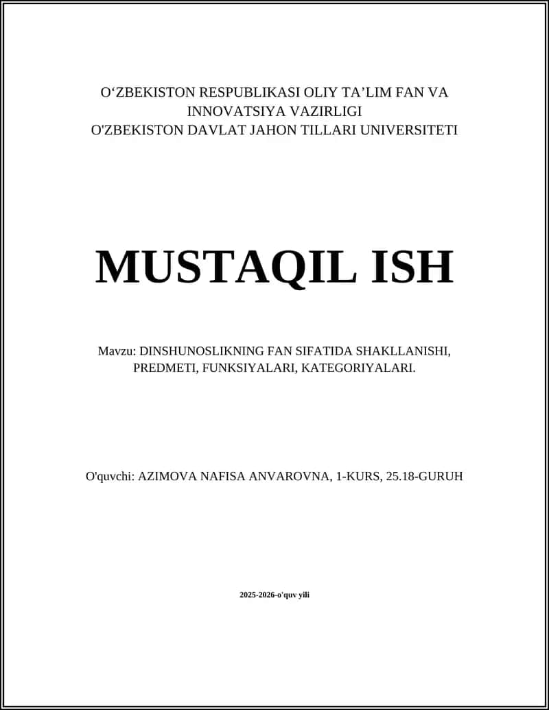 DINSHUNOSLIKNING FAN SIFATIDA SHAKLLANISHI, PREDMETI, FUNKSIYALARI, KATEGORIYALARI