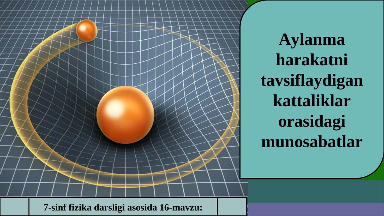 7-sinf fizika darsligi asosida 16-mavzu: Aylanma harakatni tavsiflaydigan kattaliklar orasidagi munosabatlar