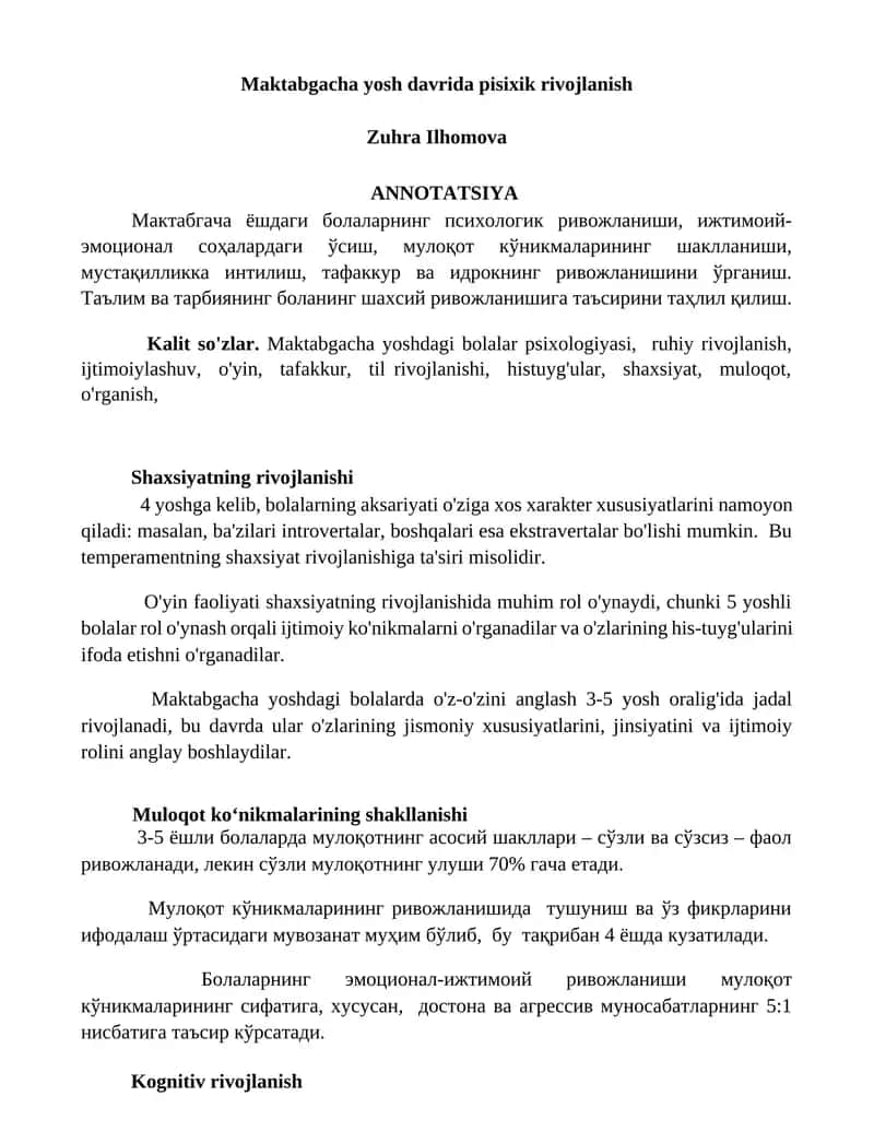 Maktabgacha yosh davrida pisixik rivojlanish