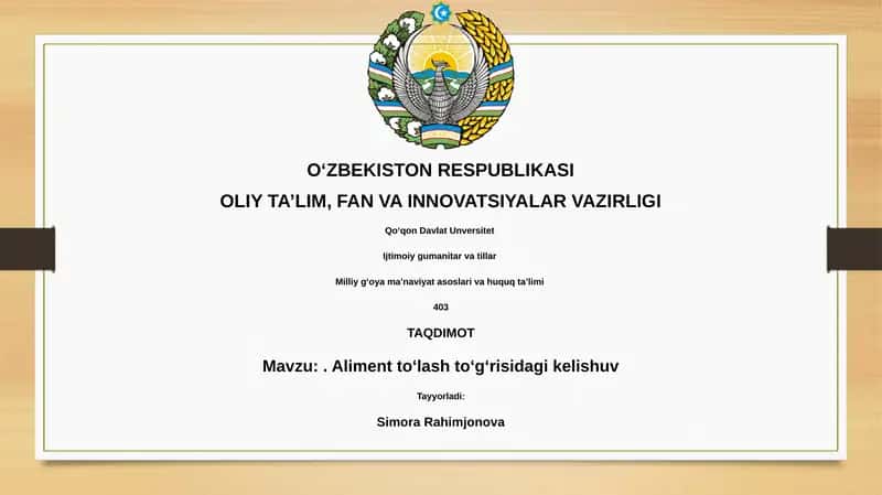 Aliment to'lash to'g'risidagi kelishuv