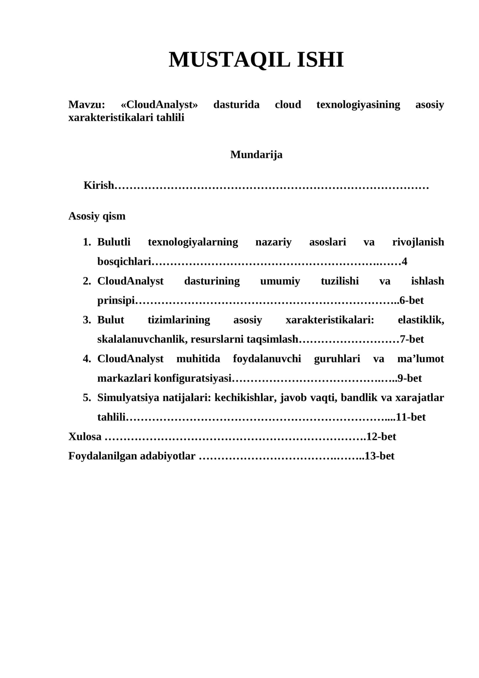 «CloudAnalyst» dasturida cloud texnologiyasining asosiy xarakteristikalari tahlili