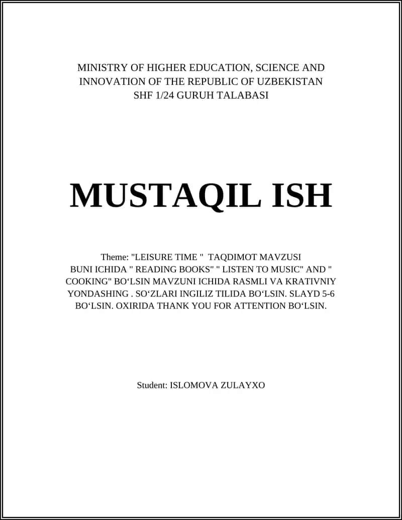 "LEISURE TIME " TAQDIMOT MAVZUSI