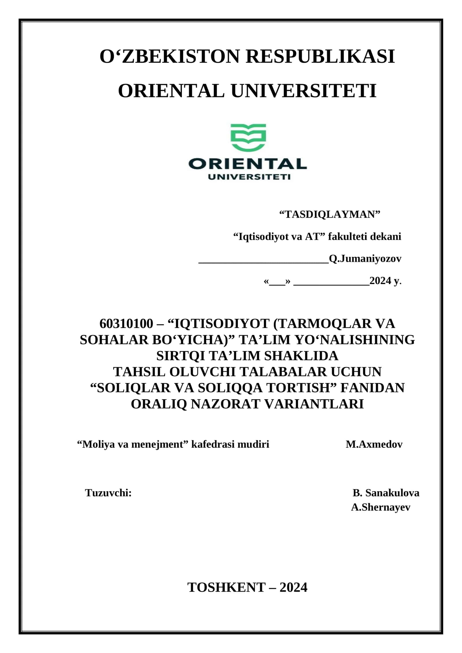 "SOLIQLAR VA SOLIQQA TORTISH" FANIDAN ORALIQ NAZORAT VARIANTLARI