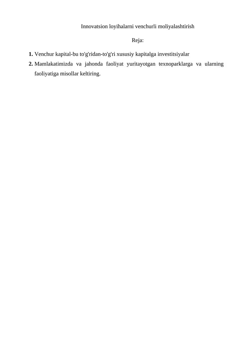 Innovatsion loyihalarni venchurli moliyalashtirish
