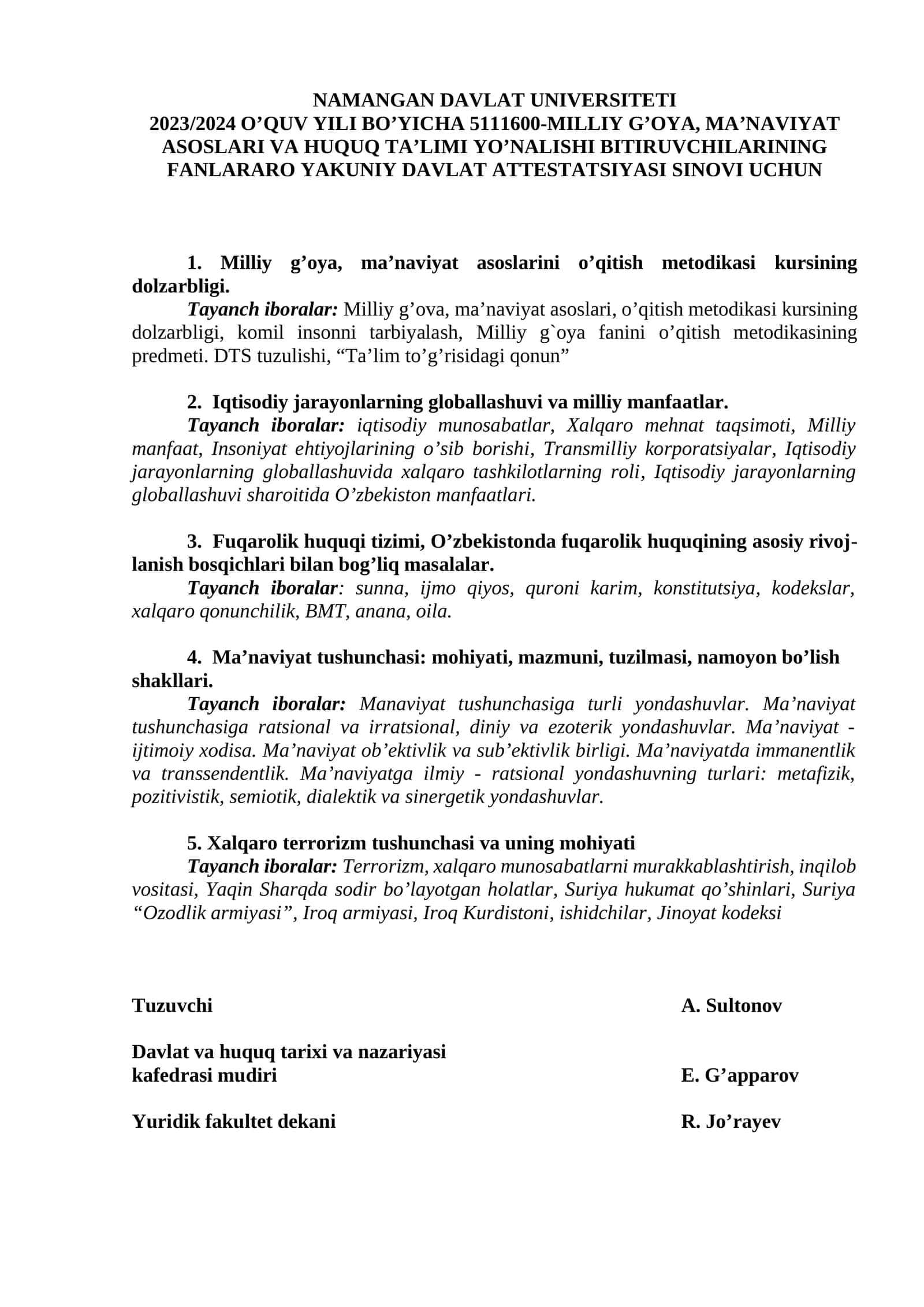 Milliy g’oya va ma’naviyat asoslari o’qitish metodikasi kursi