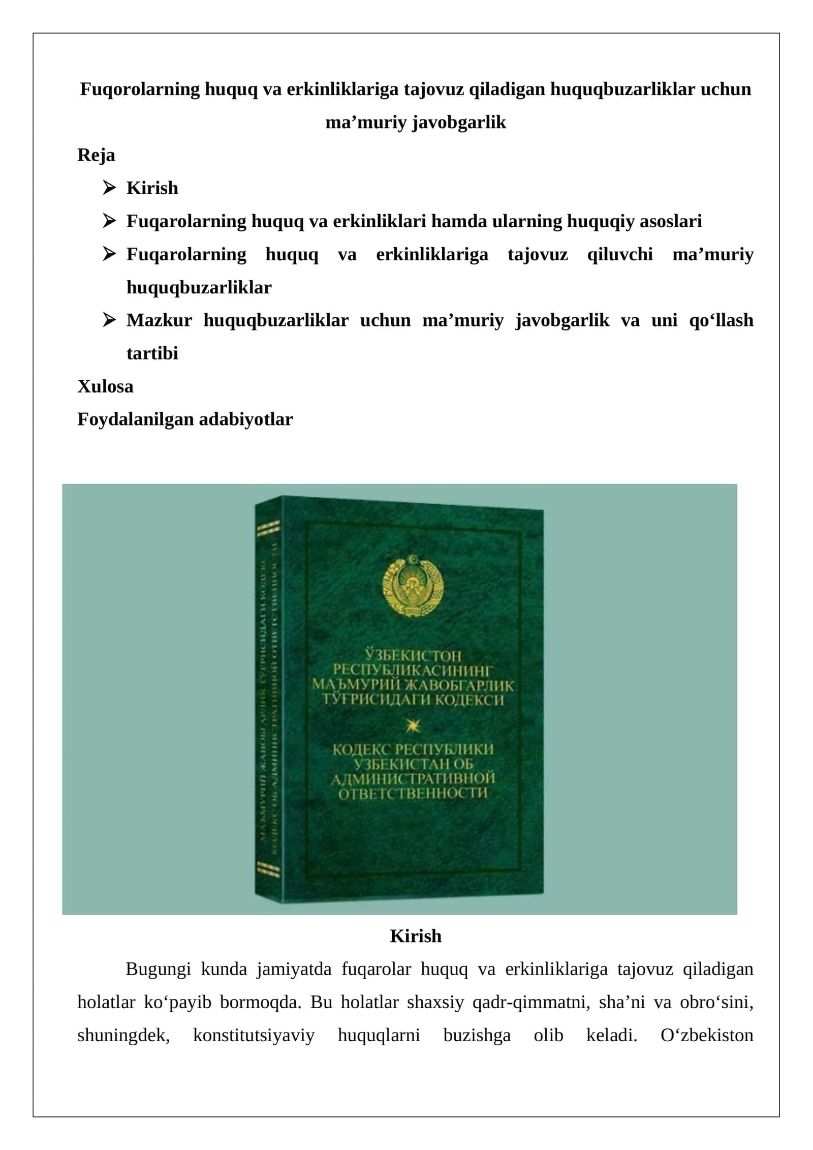 Fuqorolarning huquq va erkinliklariga tajovuz qiladigan huquqbuzarliklar uchun ma’muriy javobgarlik