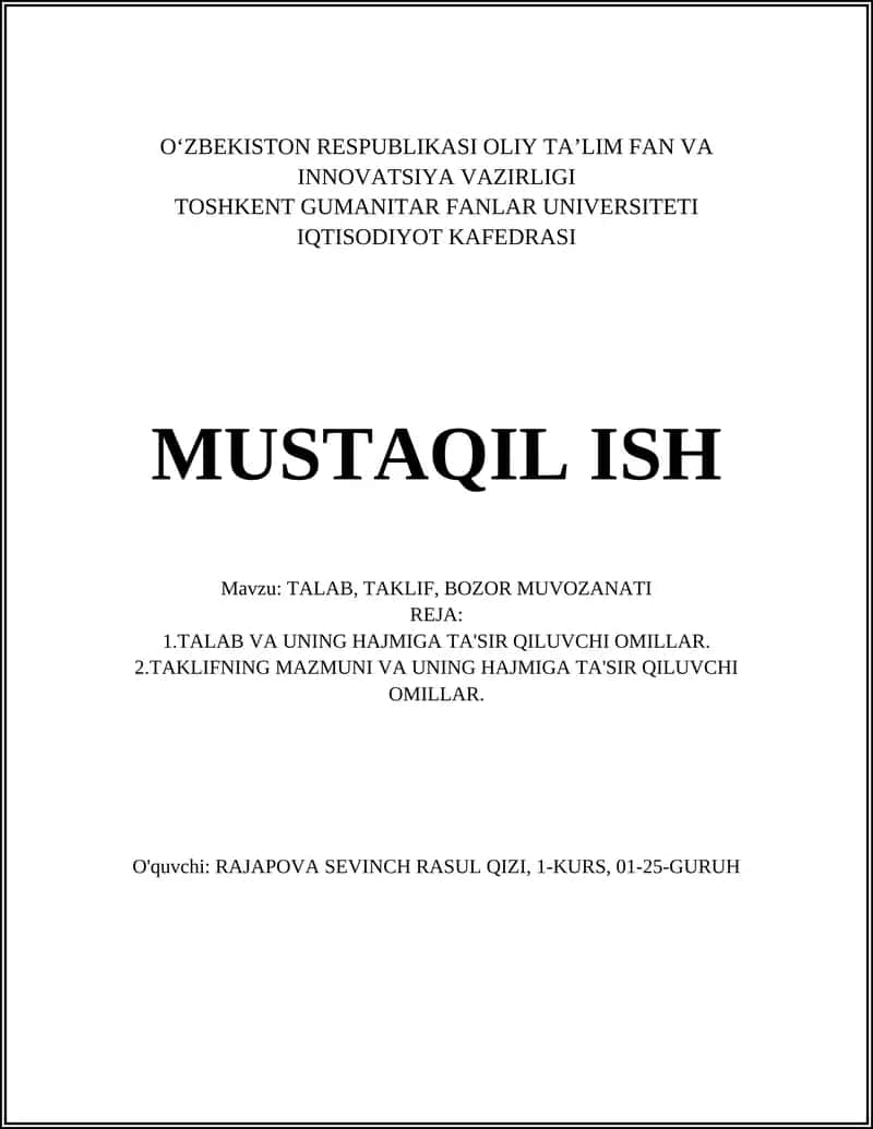 TALAB, TAKLIF, BOZOR MUVOZANATI