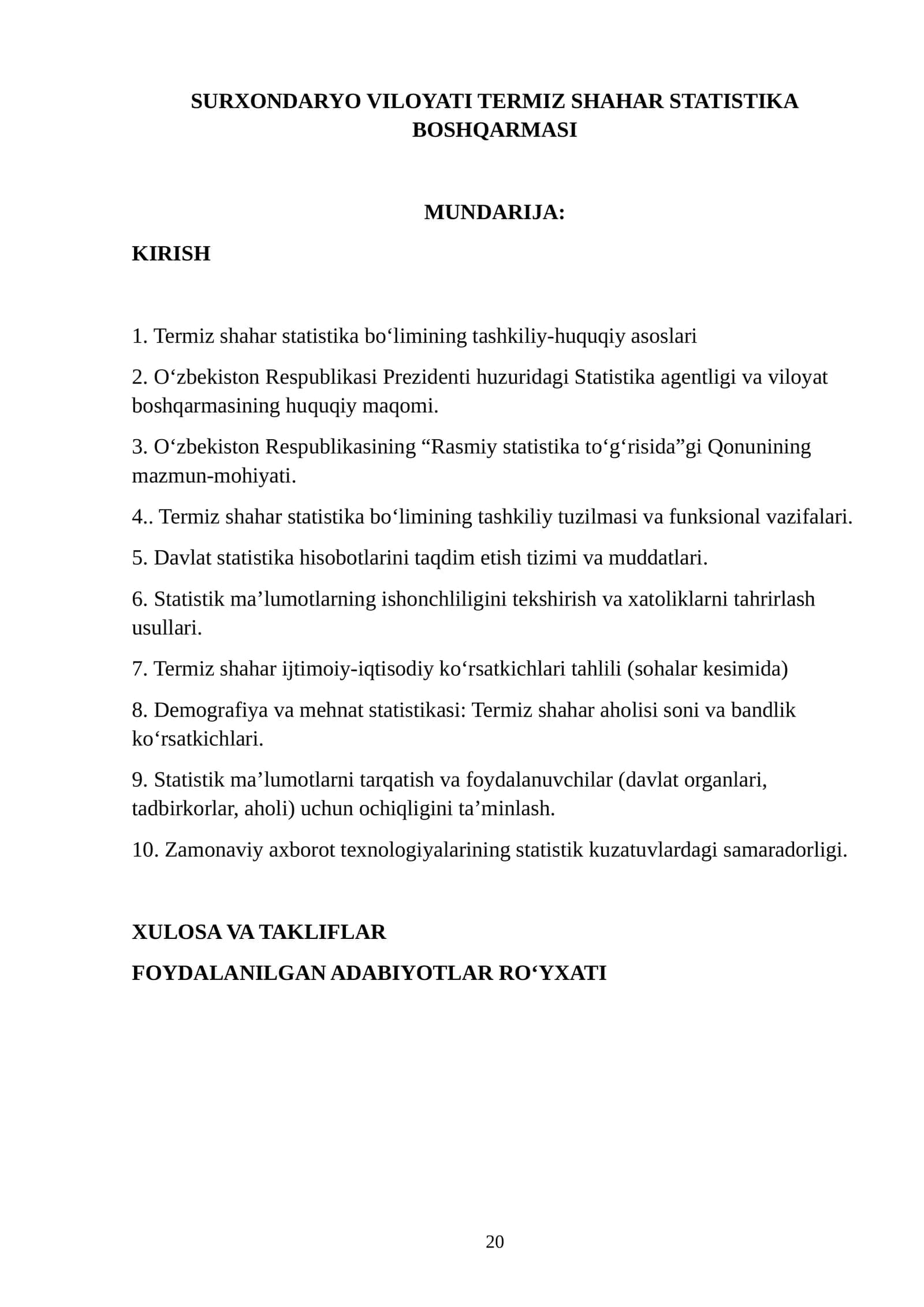 Statistika boshqarmasi amaliyot hisoboti