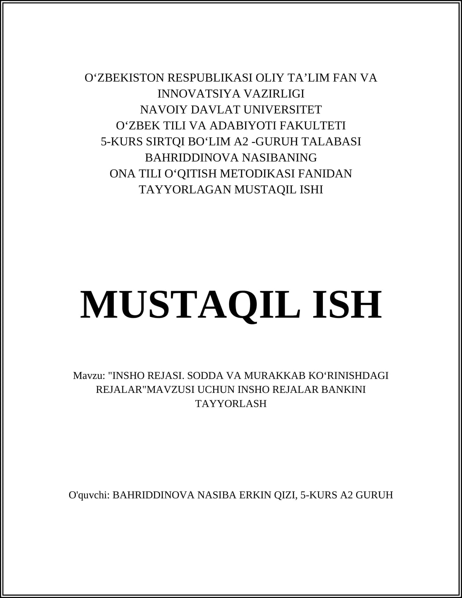 "INSHO REJASI. SODDA VA MURAKKAB KOʻRINISHDAGI REJALAR"MAVZUSI UCHUN INSHO REJALAR BANKINI TAYYORLASH
