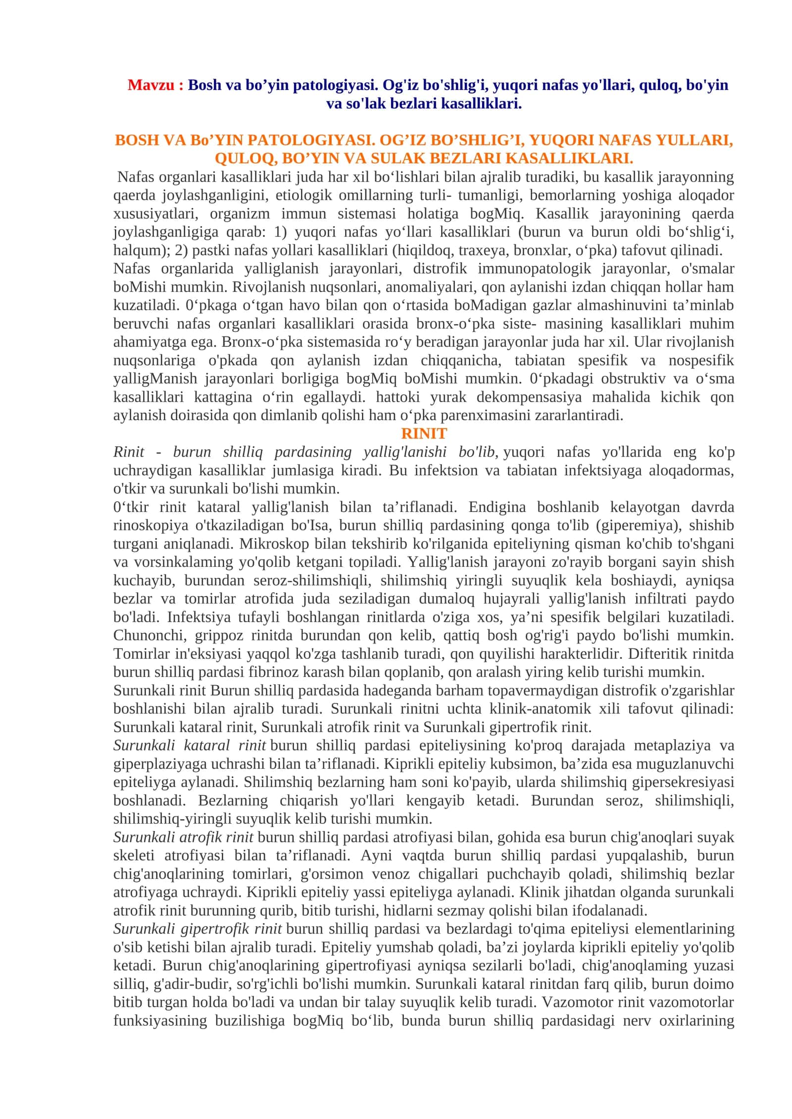 Bosh va bo’yin patologiyasi. Og'iz bo'shlig'i, yuqori nafas yo'llari, quloq, bo'yin va so'lak bezlari kasalliklari