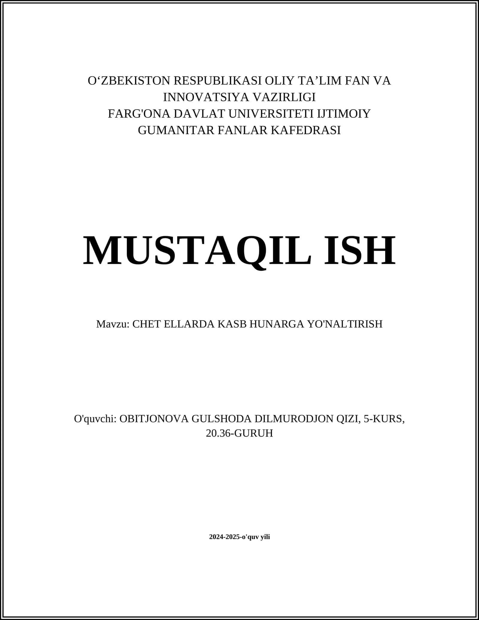 CHET ELLARDA KASB HUNARGA YO'NALTIRISH