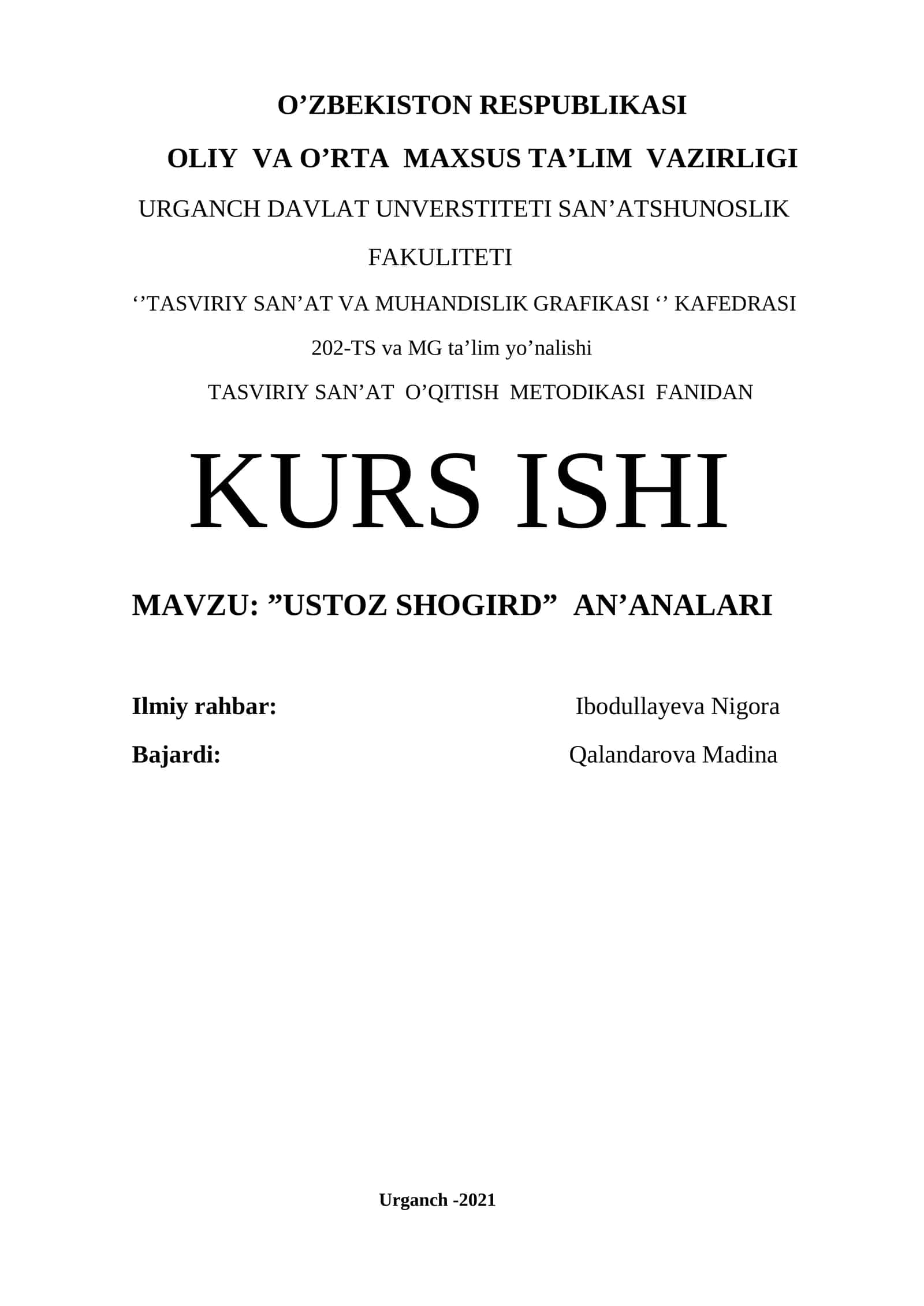 TASVIRIY SAN’AT O’QITISH METODIKASI FANIDAN KURS ISHI