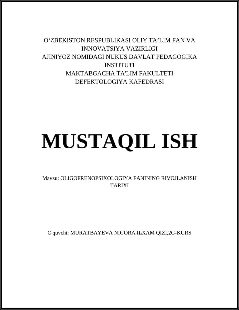 OLIGOFRENOPSIXOLOGIYA FANINING RIVOJLANISH TARIXI