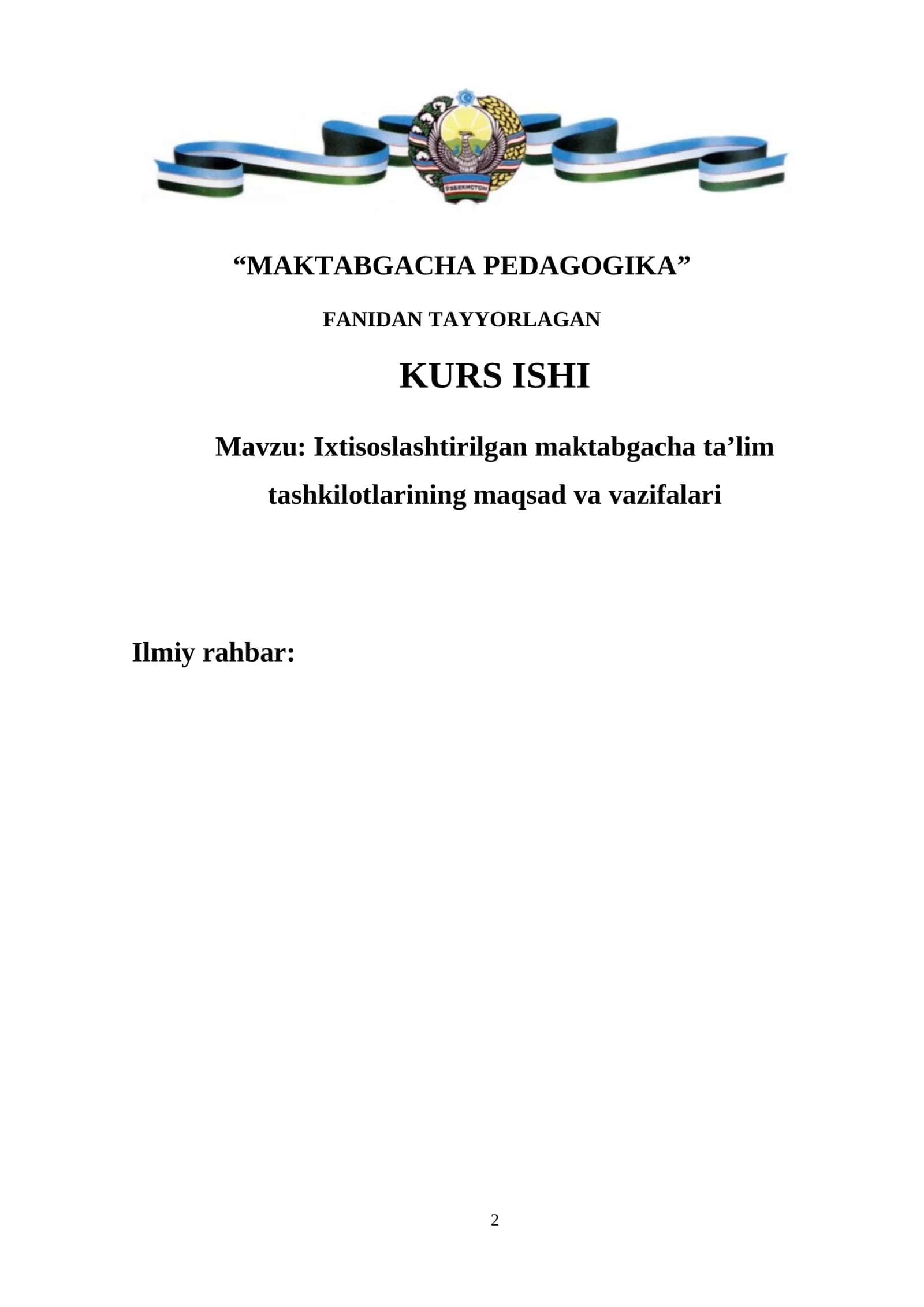 MAKTABGACHA PEDAGOGIKA FANIDAN TAYYORLAGAN KURS ISHI
