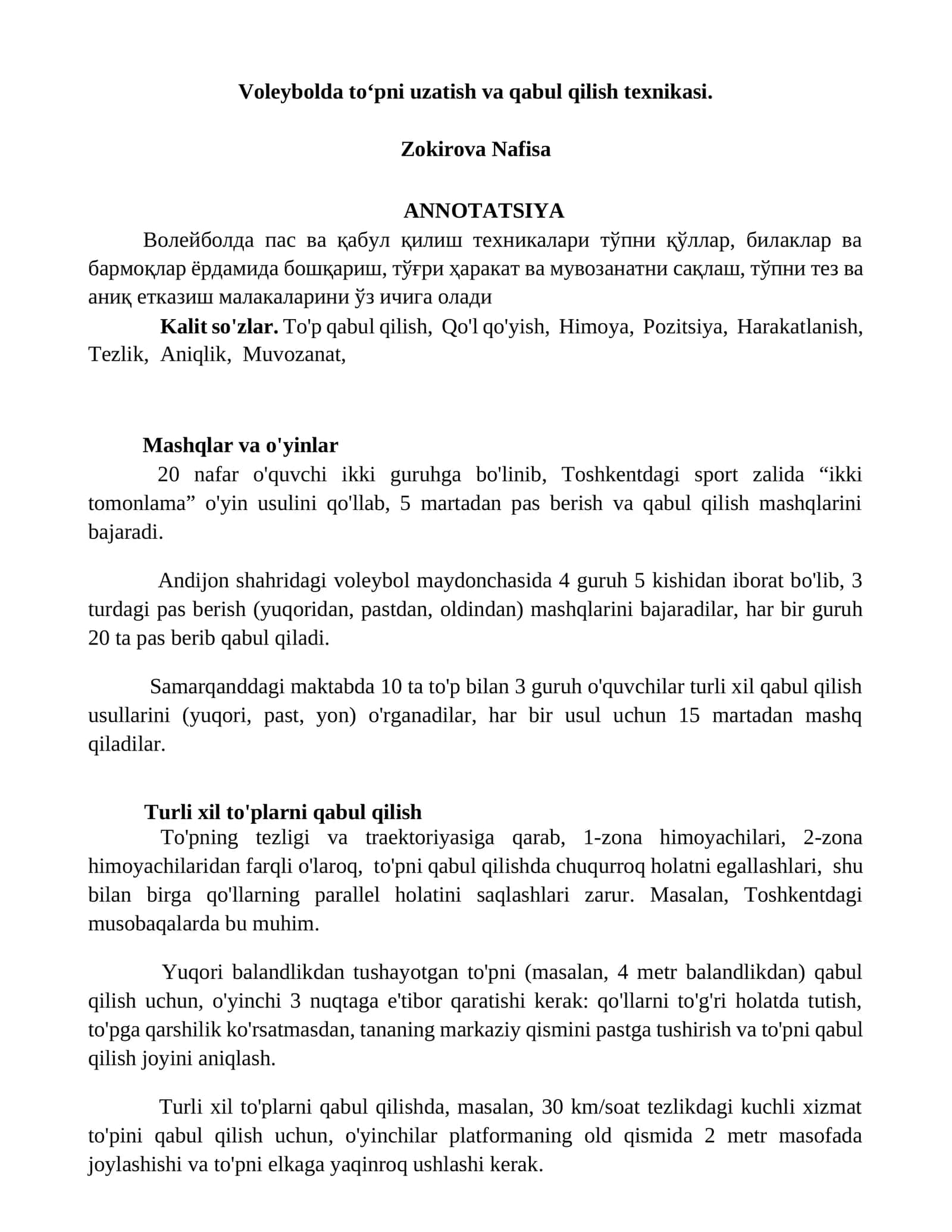 Voleybolda to‘pni uzatish va qabul qilish texnikasi