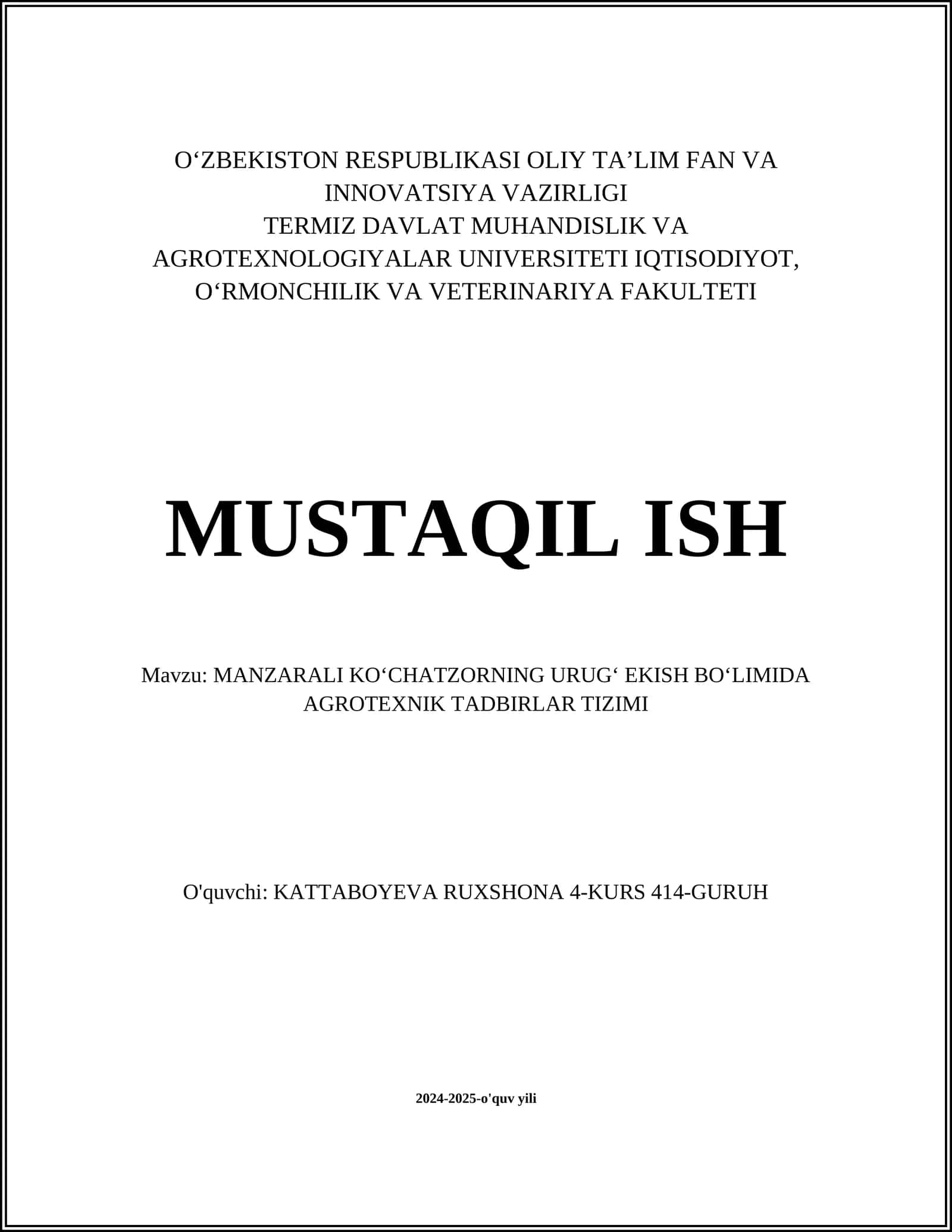MANZARALI KOʻCHATZORNING URUGʻ EKISH BOʻLIMIDA AGROTEXNIK TADBIRLAR TIZIMI