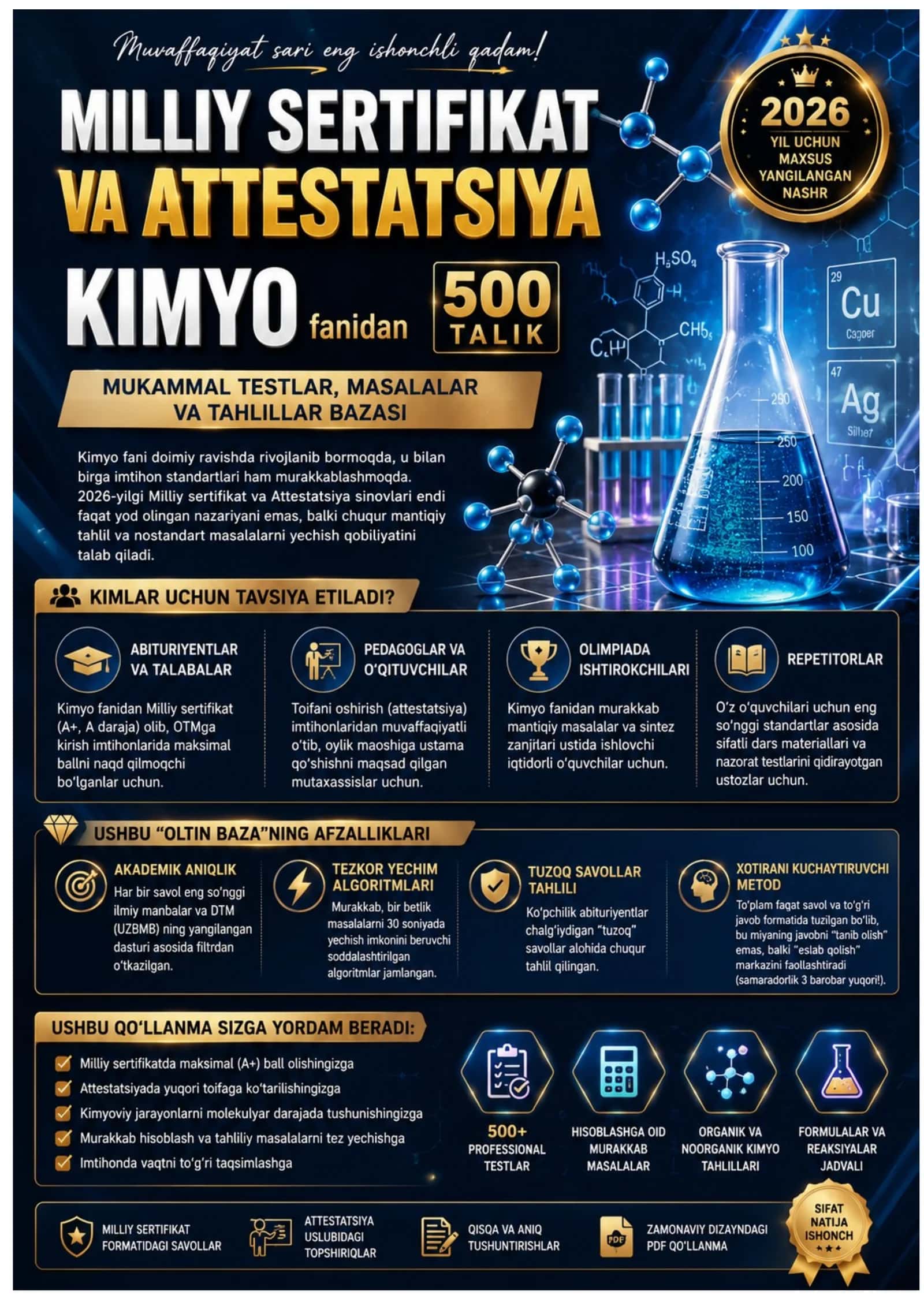MILLIY SERTIFIKAT VA ATTESTATSIYA KIMYO FANIDAN MUKAMMAL TESTLAR,MASALALAR  TAHLILLI 2026