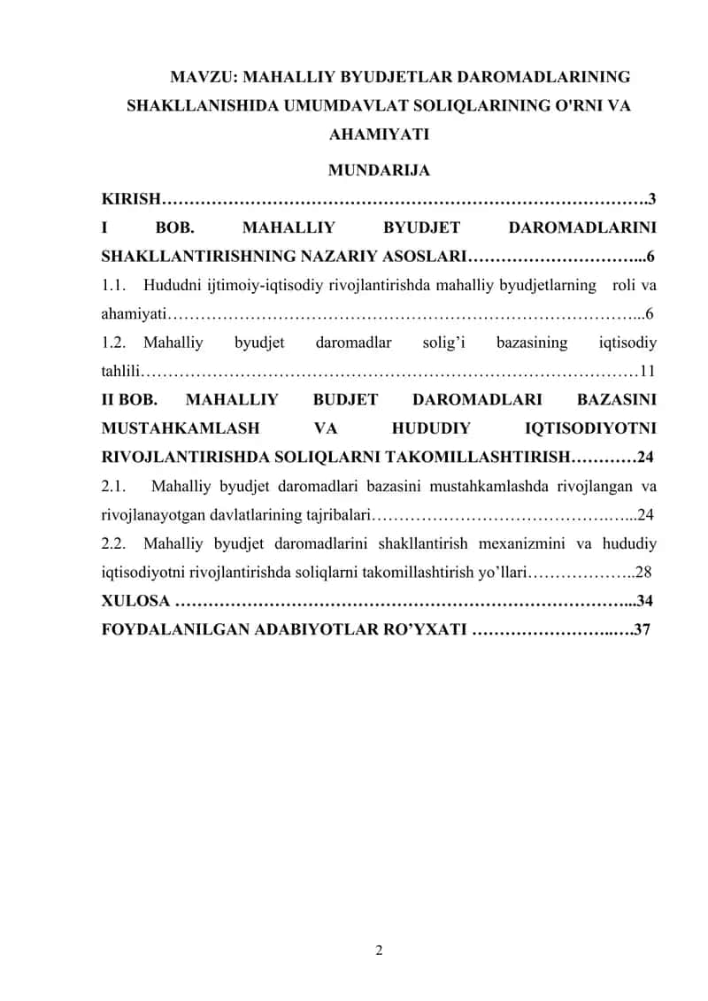 MAHALLIY BYUDJETLAR DAROMADLARINING SHAKLLANISHIDA UMUMDAVLAT SOLIQLARINING O'RNI VA AHAMIYATI