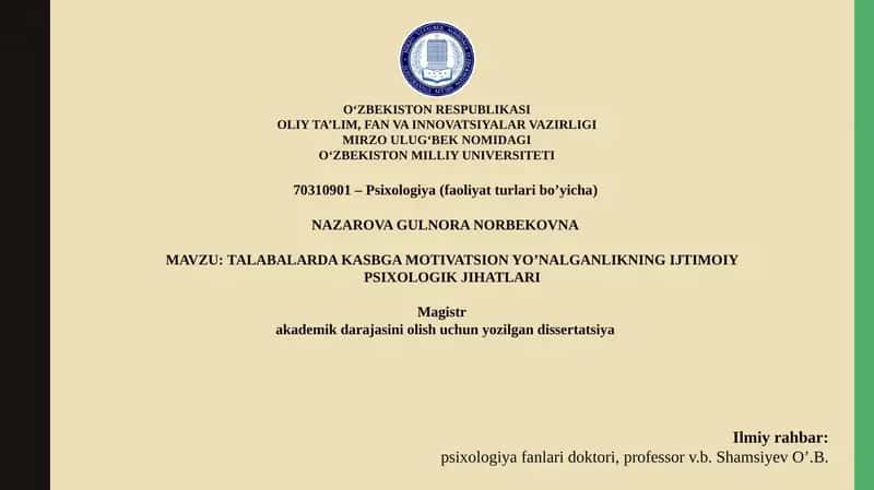ТАLABALARDA KASBGA MOTIVATSION YO’NALGANLIKNING IJTIMOIY PSIXOLOGIK JIHATLARI