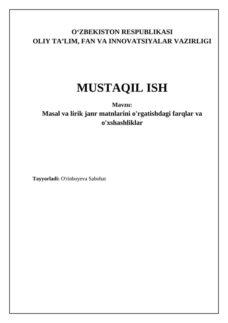 Masal va lirik janr matnlarini o'rgatishdagi farqlar va o'xshashliklar