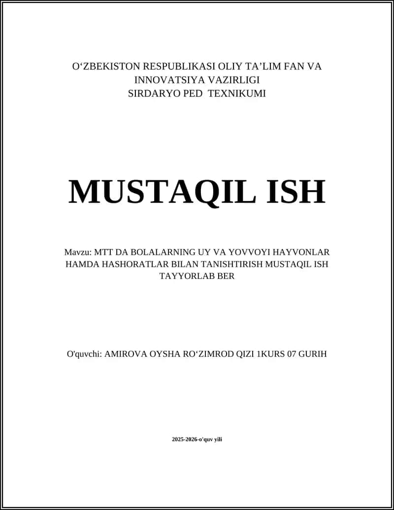 MTTda bolalarga uy hayvonlarini tanishtirish usullari