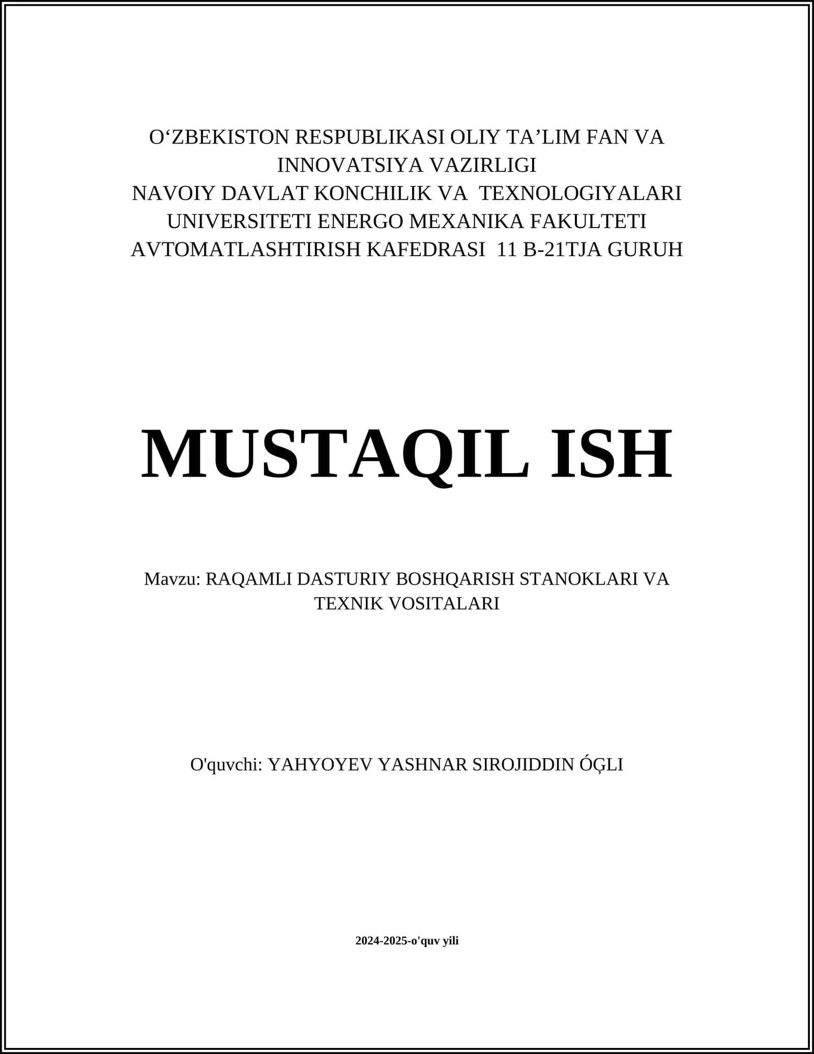 RAQAMLI DASTURIY BOSHQARISH STANOKLARI VA TEXNIK VOSITALARI