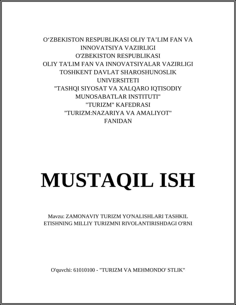 Zamonaviy Turizm Yonalishlari
