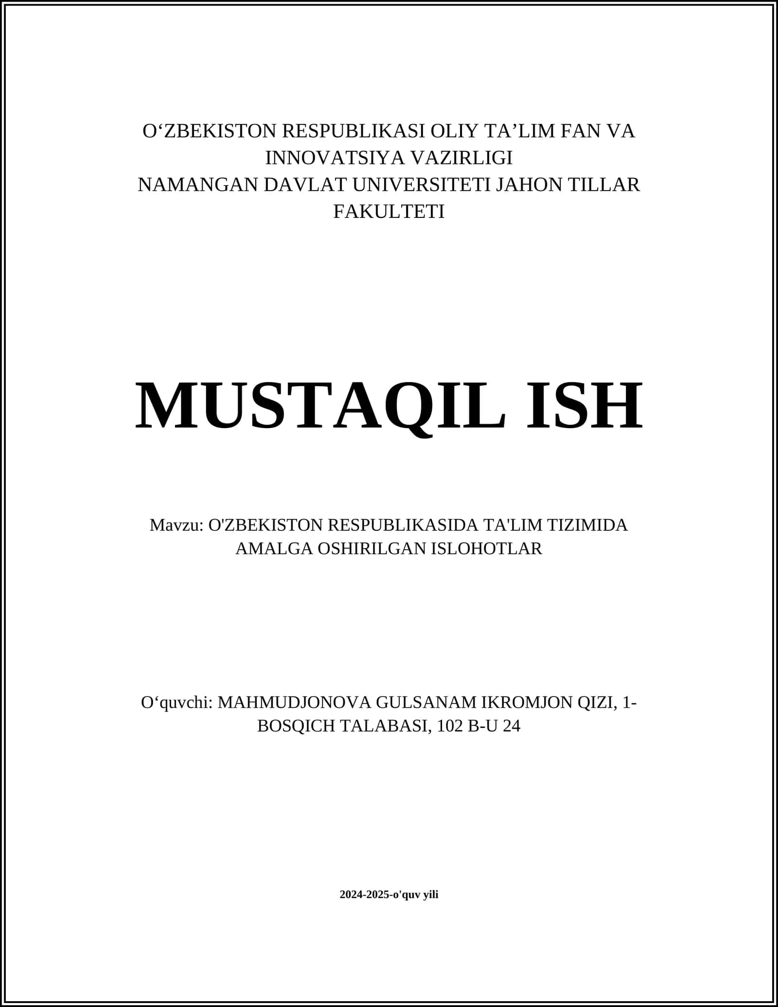 O‘ZBEKISTON RESPUBLIKASI OLIY TA’LIM FAN VA INNOVATSIYA VAZIRLIGI