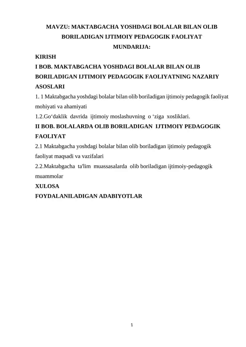 MAKTABGACHA YOSHDAGI BOLALAR BILAN OLIB BORILADIGAN IJTIMOIY PEDAGOGIK FAOLIYAT