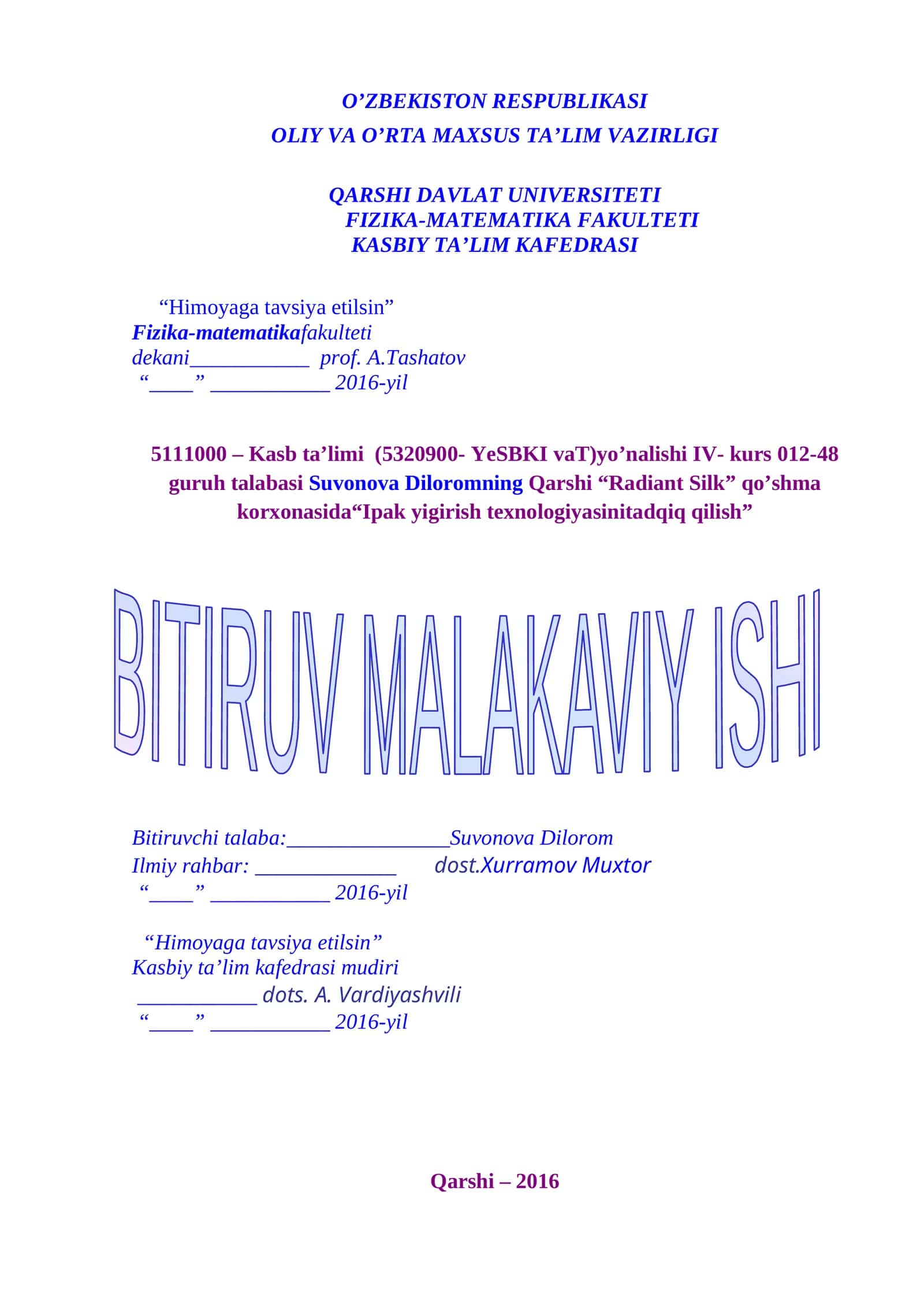 Qarshi “Radiant Silk” qo’shma korxonasida “Ipak yigirish texnologiyasini tadqiq qilish”