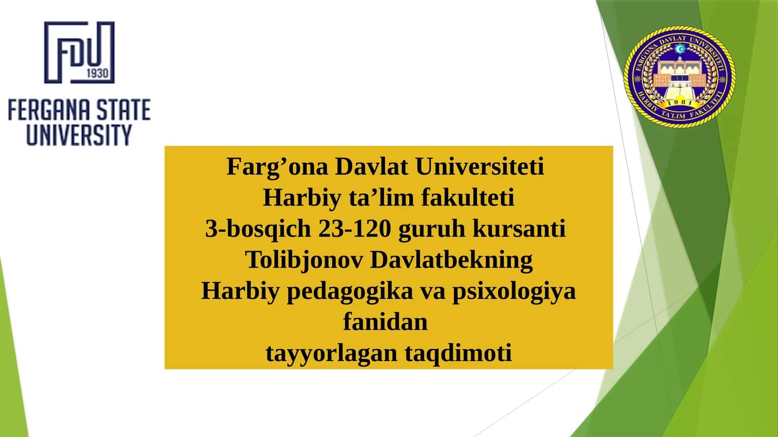Harbiy pedagogika va psixologiya fanidan tayyorlagan taqdimoti