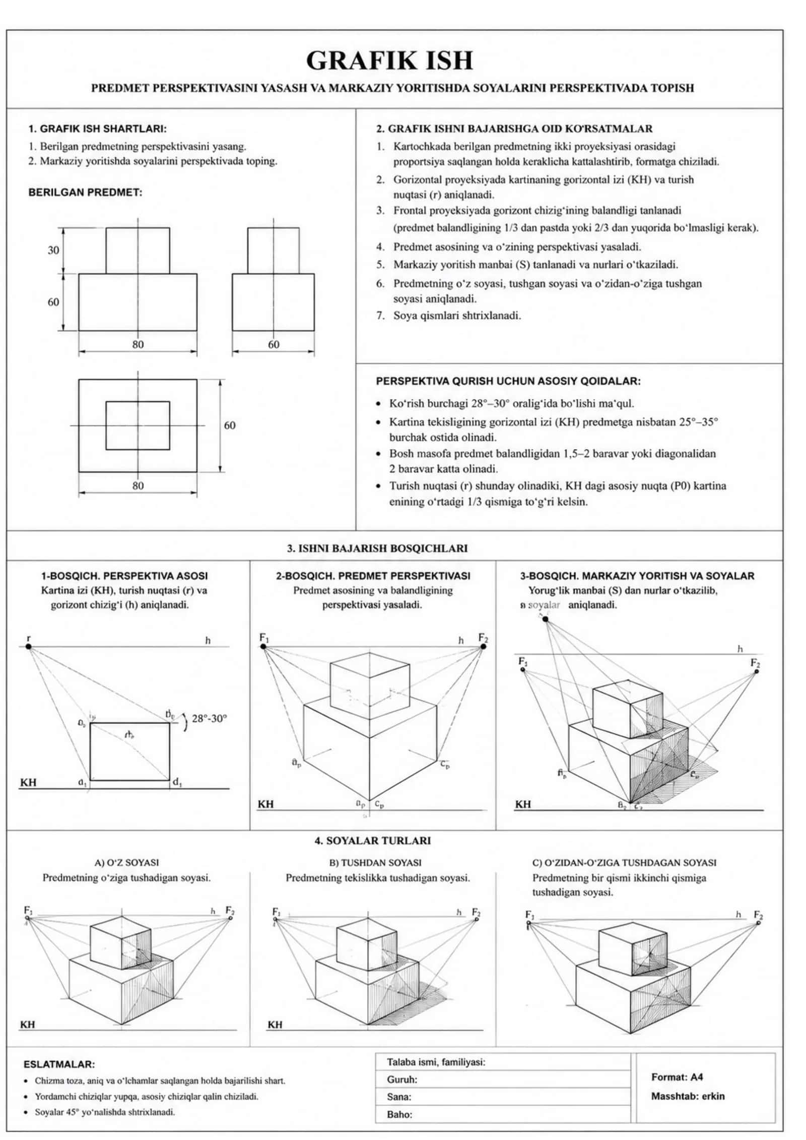 Perspektivada predmet soyalarini qurish — Grafik ish va amaliy topshiriq